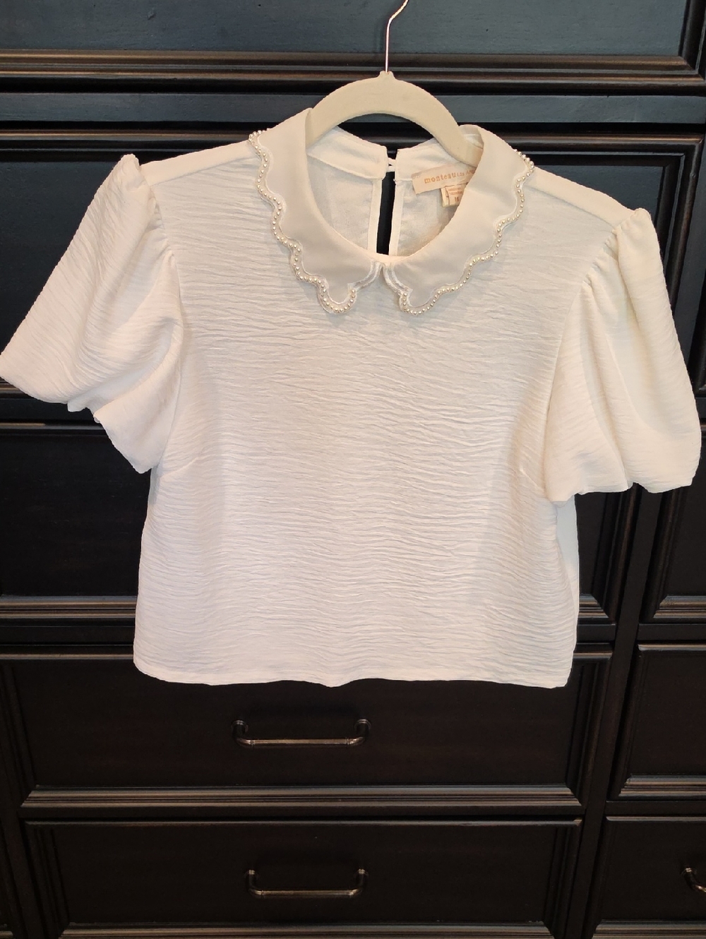 Pearl-Trim White Puff Sleeve Top - Size Medium